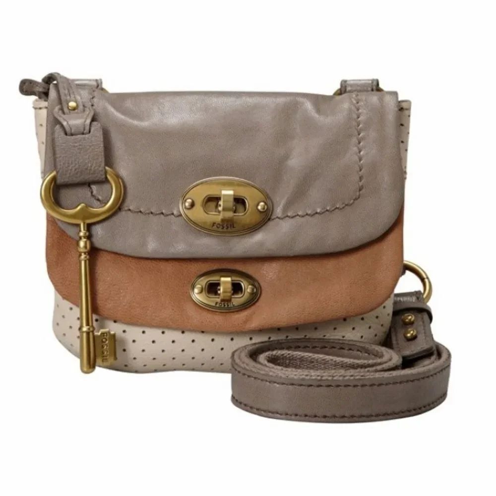 Fossil Brown Cream Cow Hide Leather Lamb Small Crossbody Shoulder Bag